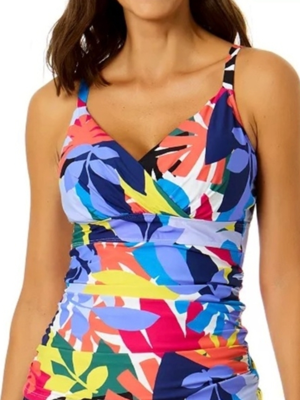 Anne Cole Multicolor Floral Tankini Top in Navy, Coral, Yellow, Blue - Picture 3 of 12